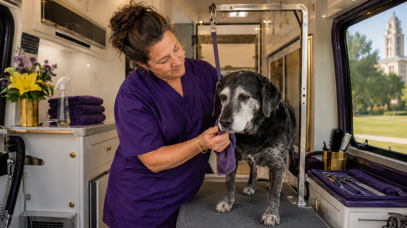 Calm mobile groomer comforting an older dog inside a quiet grooming van