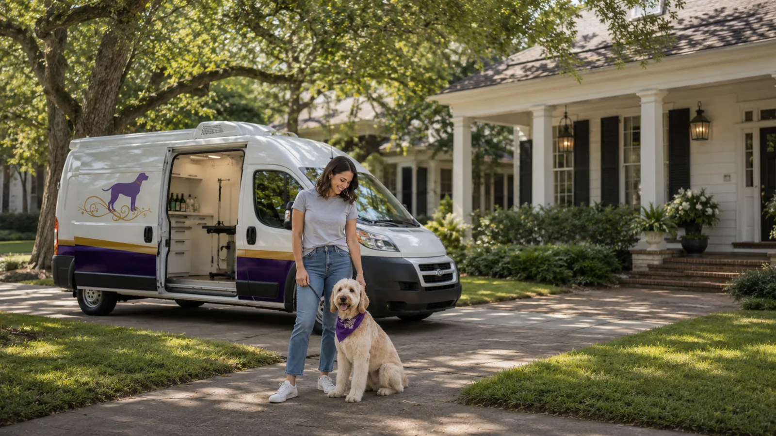 Dog owner with a freshly groomed dog beside a mobile grooming van in Baton Rouge