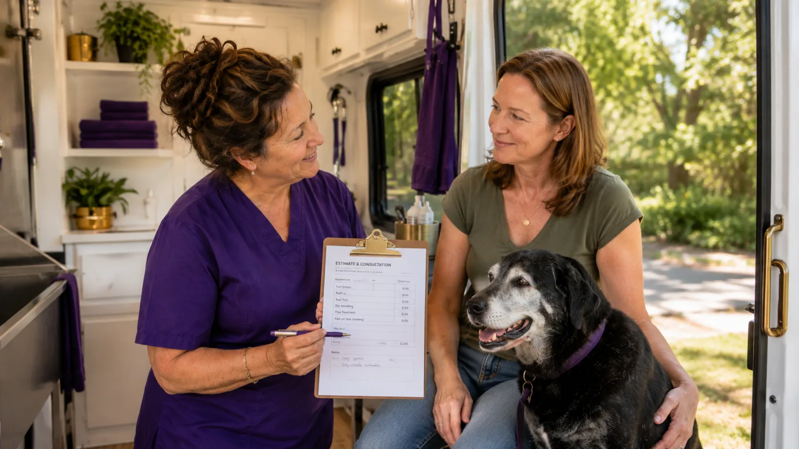 Mobile groomer speaking with a dog owner during a grooming consultation