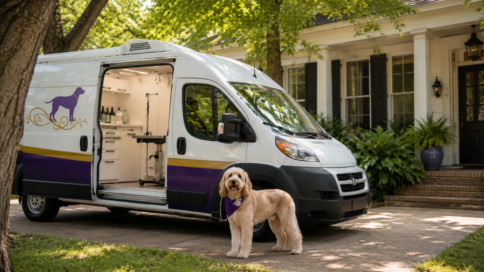Freshly groomed dog standing in front of a mobile grooming van