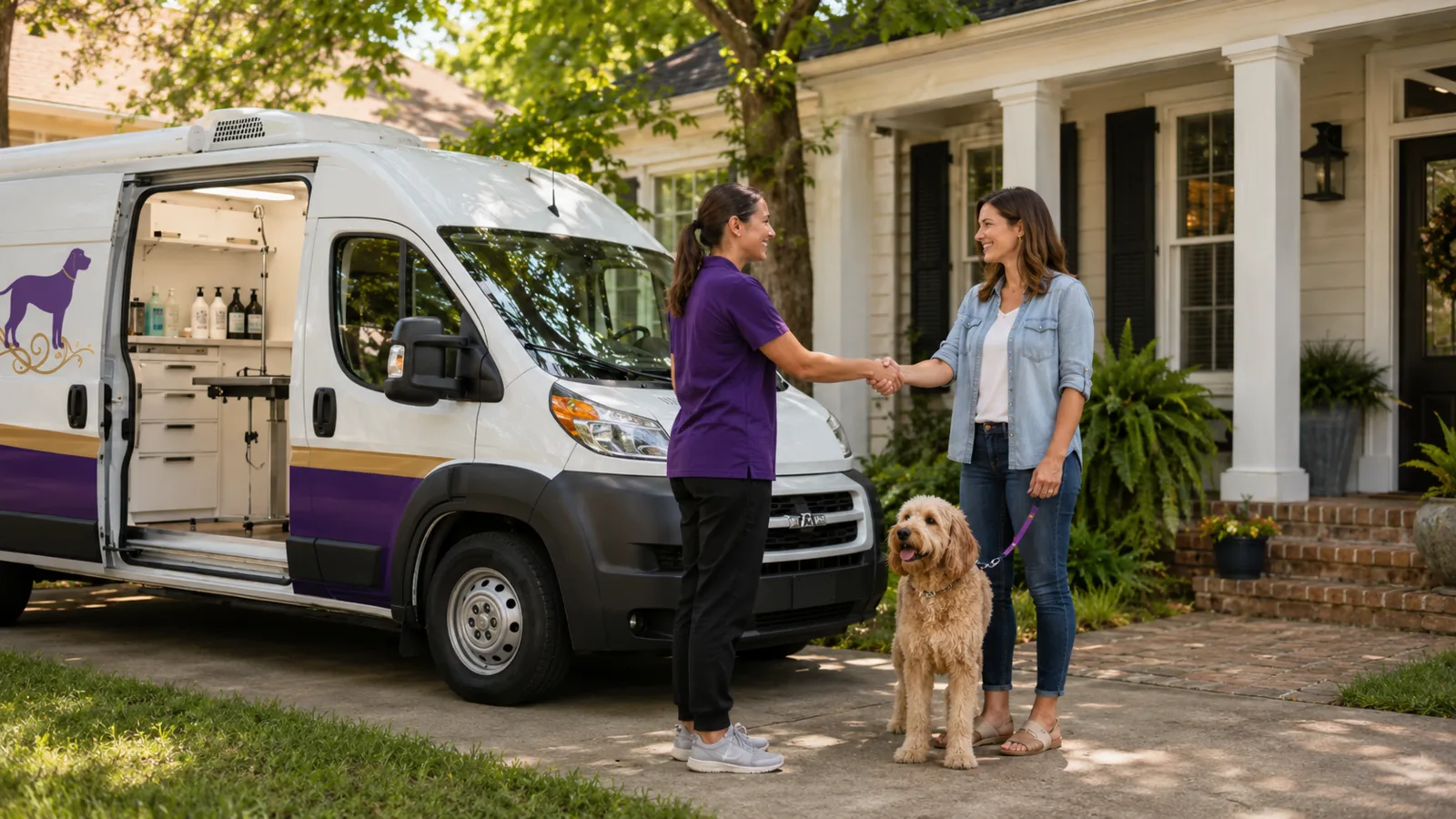 Mobile groomer greeting a Baton Rouge dog owner at home
