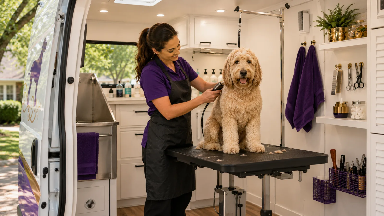 Dog receiving a haircut inside a mobile grooming van