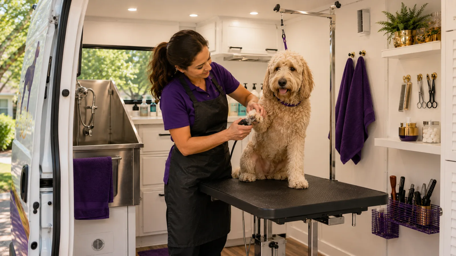 Groomer trimming a dog's nails inside a mobile grooming van
