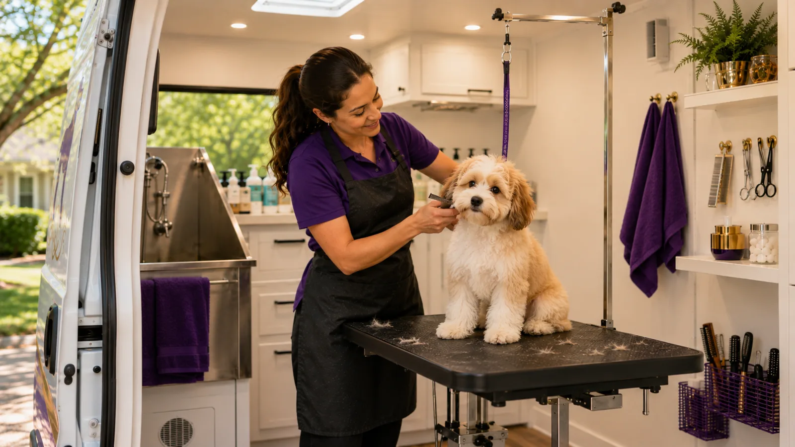 Puppy receiving gentle mobile grooming in Baton Rouge